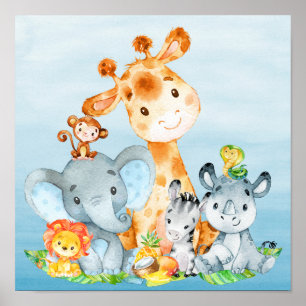 Blue Watercolor Cute Safari Jungle Animals Poster