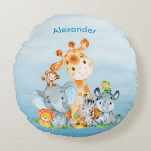 Blue Watercolor Cute Safari Jungle Animals Round Cushion