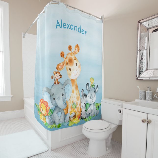 Blue Watercolor Cute Safari Jungle Animals Shower Curtain (In Situ)
