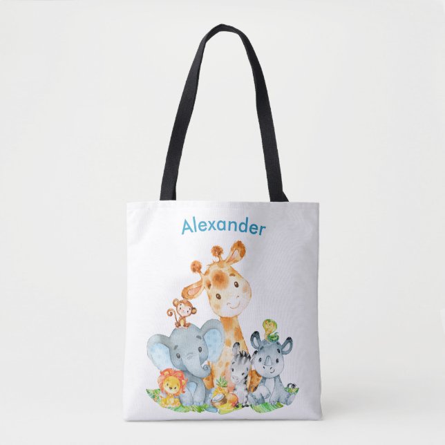 Blue Watercolor Cute Safari Jungle Animals Tote Bag (Front)