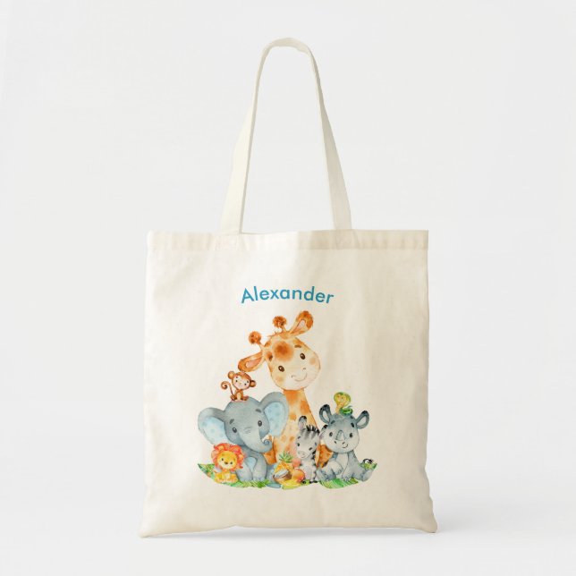Blue Watercolor Cute Safari Jungle Animals Tote Bag (Front)