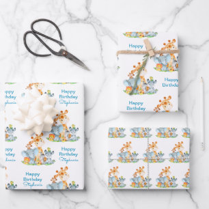 Blue Watercolor Cute Safari Jungle Animals Wrapping Paper Sheet