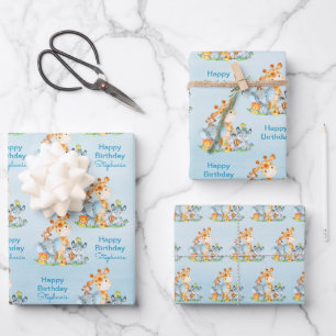 Blue Watercolor Cute Safari Jungle Animals Wrapping Paper Sheet