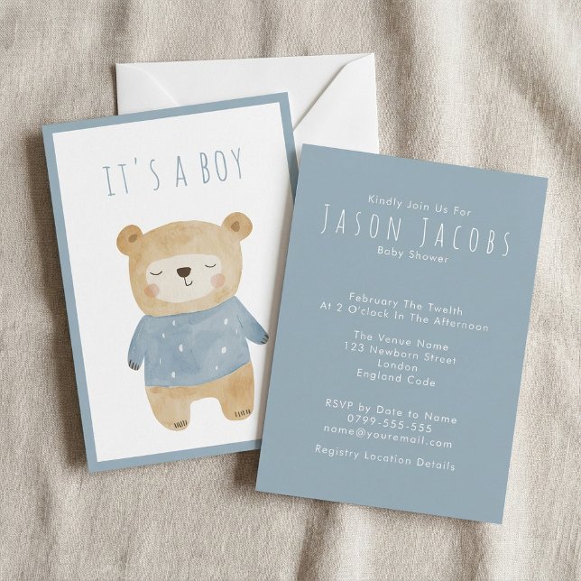 Blue Watercolor cute sleepy teddy bear Baby Shower Invitation (Blue Watercolor cute sleepy teddy bear Baby Shower Invitation.)