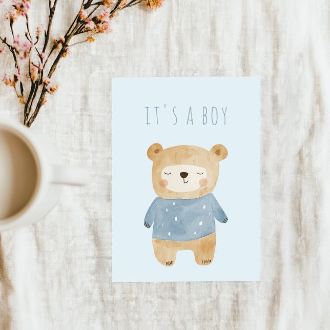 Blue Watercolor cute teddy bear Baby Shower Invitation (Cute sleepy teddy bear in blue "It's a boy" announcement card.)