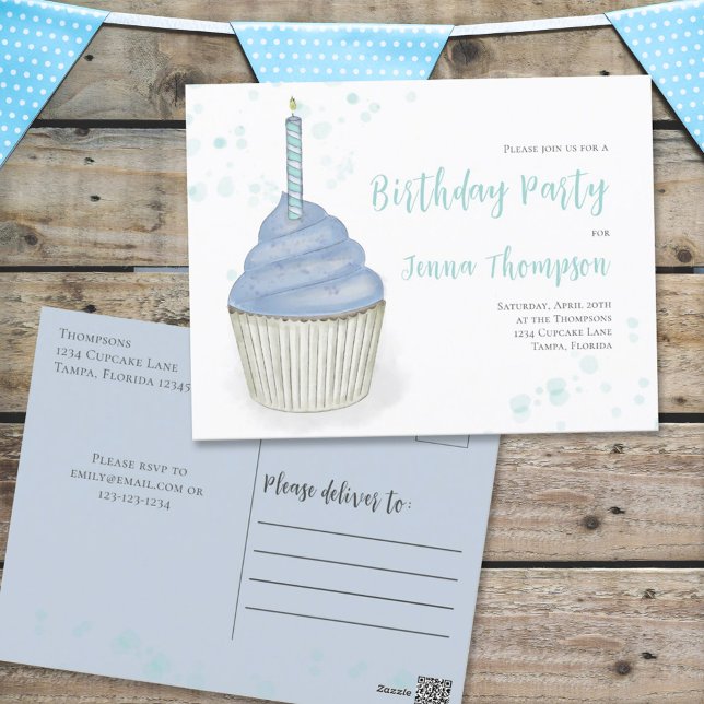 Blue Watercolor Cute Whimsical Cupcake Birthday  Postcard (Creator Uploaded)