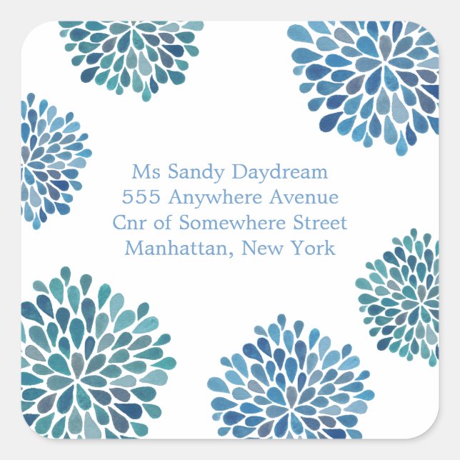 Blue Watercolor Dahlias Address Wedding Sticker (Front)
