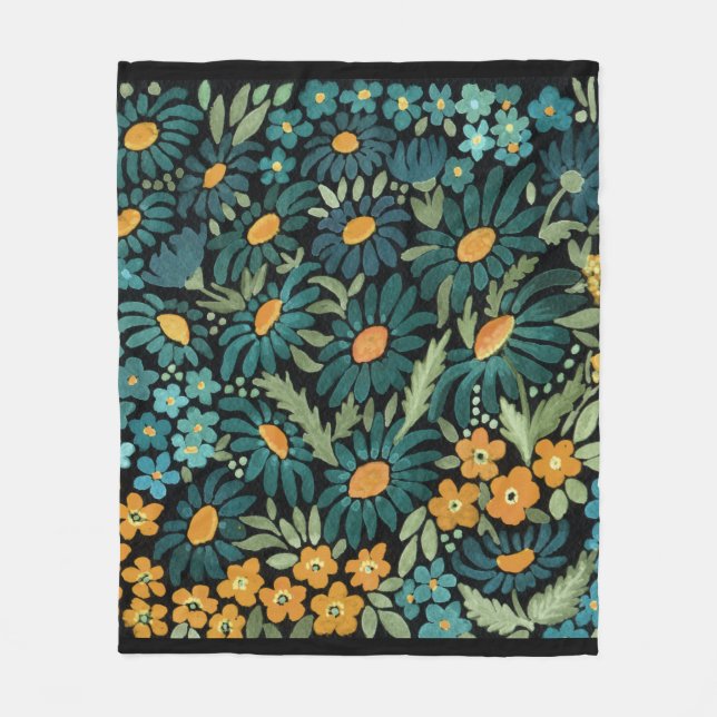Blue watercolor daisies fleece blanket (Front)