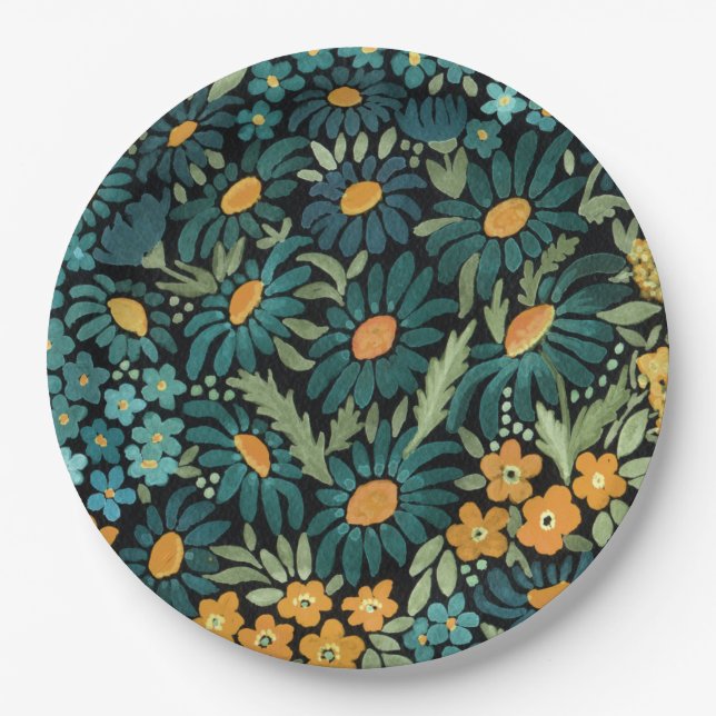 Blue watercolor daisies paper plate (Front)