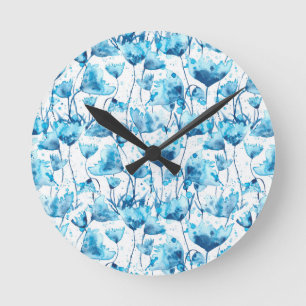 Blue Watercolor Daisies Round Clock