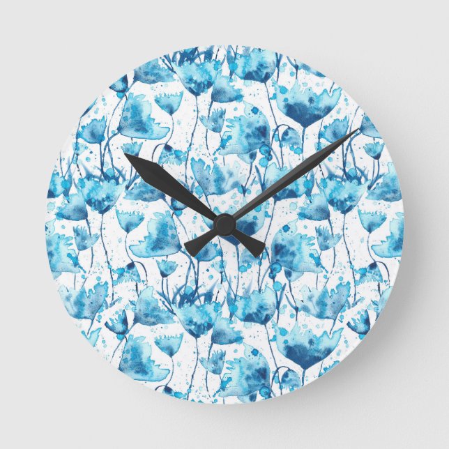 Blue Watercolor Daisies Round Clock (Front)
