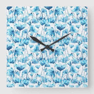 Blue Watercolor Daisies Square Wall Clock