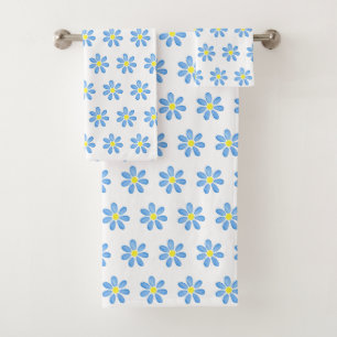 Blue Watercolor Daisy Pattern Bath Towel Set