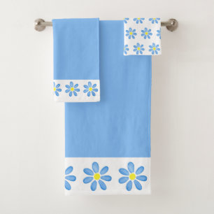 Blue Watercolor Daisy Pattern Bath Towel Set