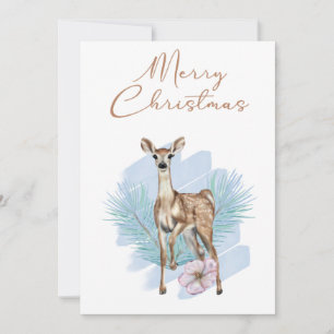 Blue Watercolor Deer Pine Leaves Christmas Card
