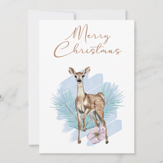 Blue Watercolor Deer Pine Leaves Holiday Card (Front)