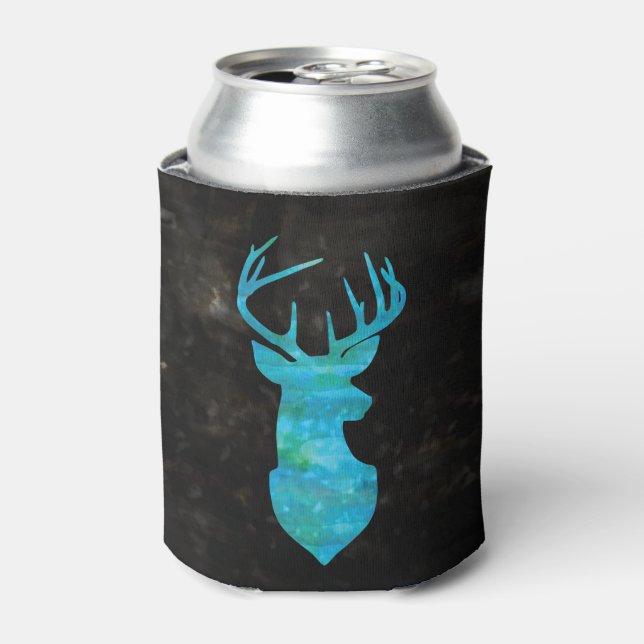 Blue Watercolor Deer Silhouette Can Cooler (Can Front)