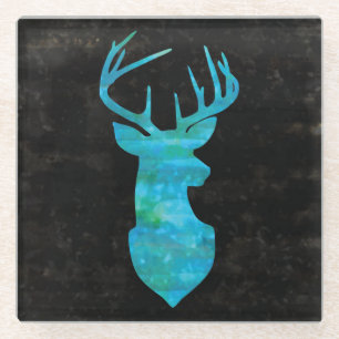 Blue Watercolor Deer Silhouette Glass Coaster