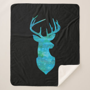 Blue Watercolor Deer Silhouette Sherpa Blanket