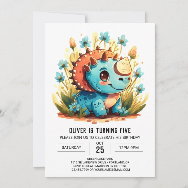 Blue Watercolor Dinosaur Boy Birthday Invitation (Front)