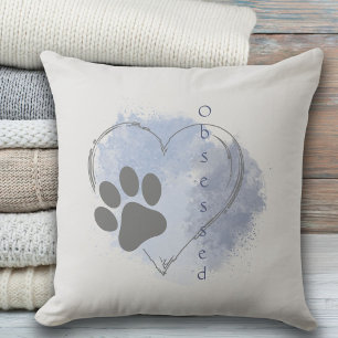 Blue Watercolor Dog Obsessed Heart  Throw Pillow