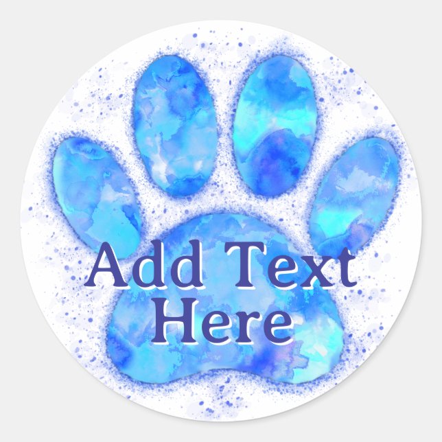 Blue Watercolor Dog Paw Print Custom  Classic Round Sticker (Front)