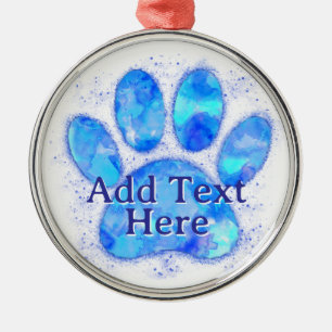 Blue Watercolor Dog Paw Print Custom Metal Tree Decoration