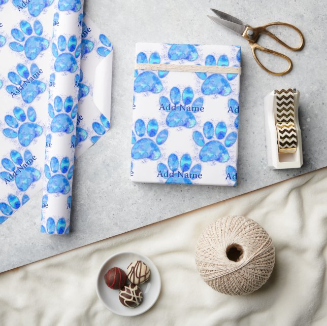 Blue Watercolor Dog Paw Print Custom Name Wrapping Paper (Crafts)