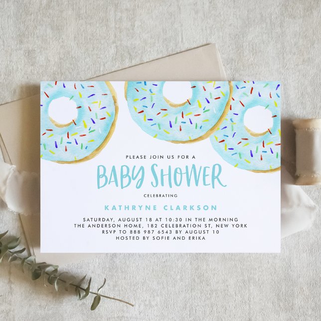 Blue Watercolor Doughnuts Sprinkles Boy Baby Showe Invitation (Creator Uploaded)