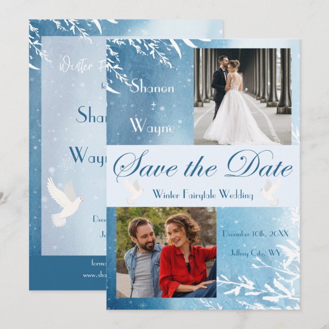 Blue Watercolor Doves Photo Wedding Save the Date  (Front/Back)