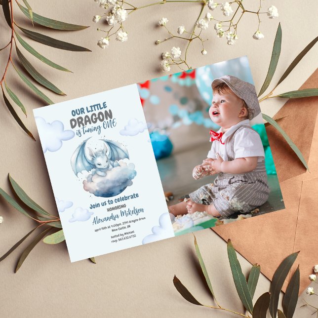 Blue Watercolor Dragon Baby 1st Birthday Photo Invitation (Creator Uploaded)