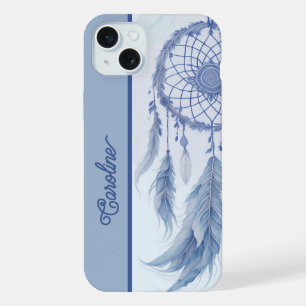 Blue watercolor dreamcatcher feathers name iPhone 15 plus case