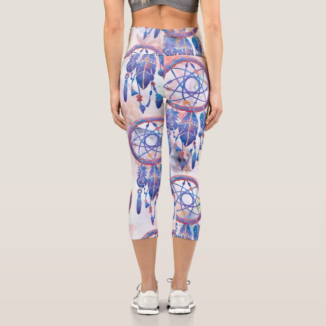 Blue Watercolor Dreamcatcher Modern Boho Capri Leggings (Back)