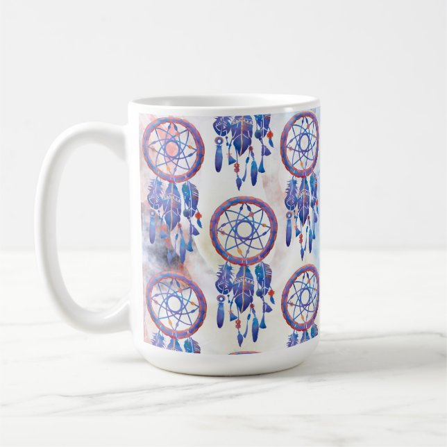 Blue Watercolor Dreamcatcher Modern Boho Coffee Mug (Left)
