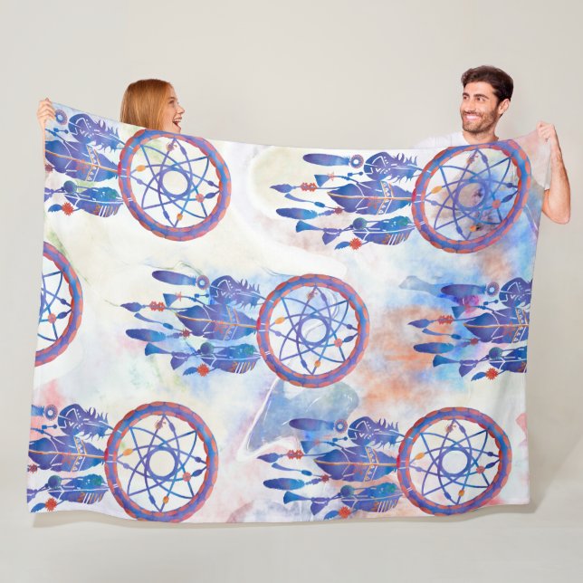 Blue Watercolor Dreamcatcher Modern Boho Fleece Blanket (In Situ)