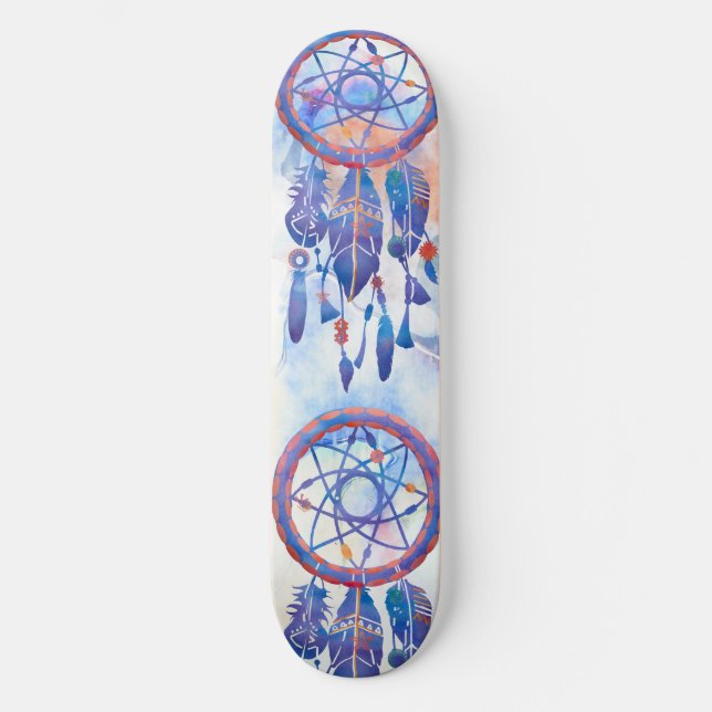 Blue Watercolor Dreamcatcher Tribal Boho Skateboard (Front)