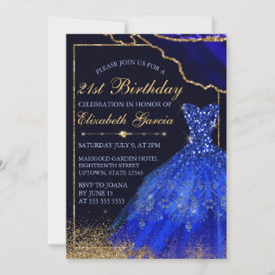 Blue Watercolor Dress & agate 21st Birthday Invitation