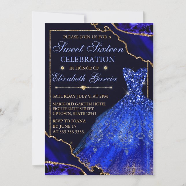 Blue Watercolor Dress & Glitter Agate Sweet 16  Invitation (Front)