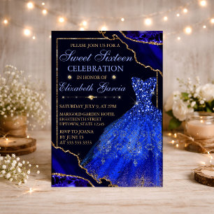Blue Watercolor Dress & Glitter Agate Sweet 16  Invitation