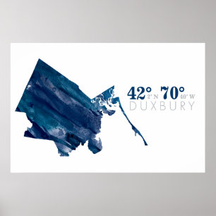 Blue Watercolor Duxbury MA Map with Coordinates Poster