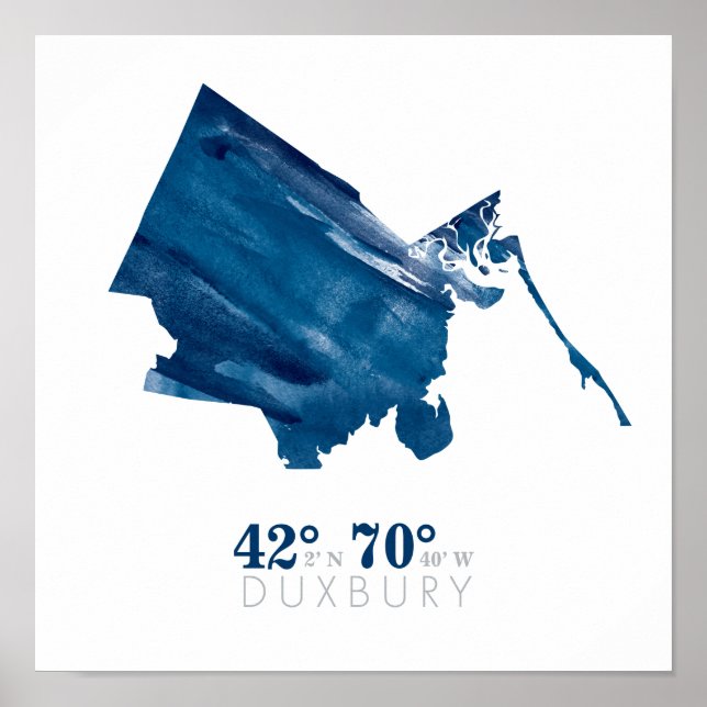Blue Watercolor Duxbury MA Map with Coordinates Poster (Front)