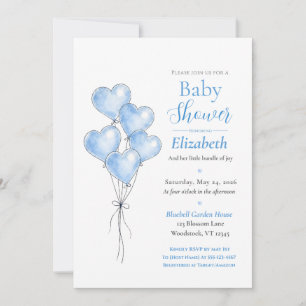 Blue Watercolor Elegant Heart Balloon Baby Shower Invitation