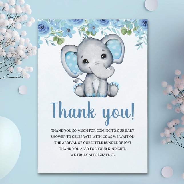Blue Watercolor Elephant Baby shower Boy Thank You Card (Creator Uploaded)