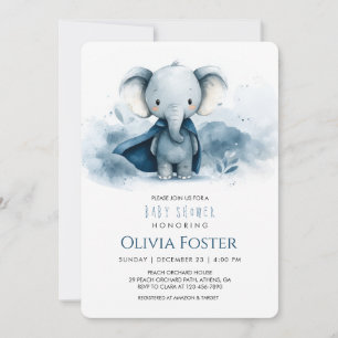 Blue Watercolor Elephant Baby Shower Invitation