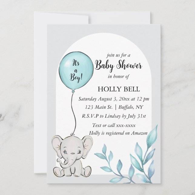 Blue Watercolor Elephant Baby Shower Invitation (Front)