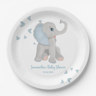 Blue Watercolor Elephant Boy Baby Shower Paper Plate