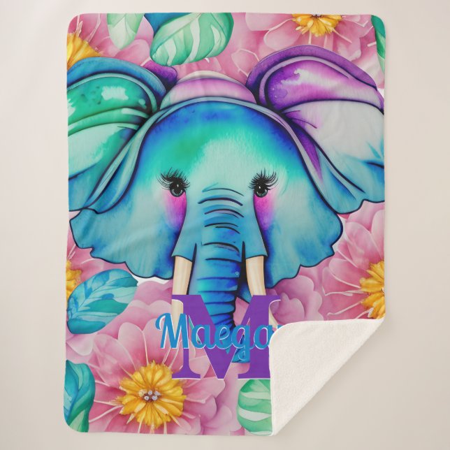 Blue Watercolor Elephant Personalised Name Sherpa Blanket (Front)