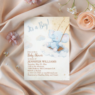 Blue Watercolor Elephant Swing Boy Baby Shower Invitation