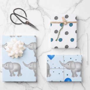 Blue Watercolor Elephants & Dots Pattern Set of 3  Wrapping Paper Sheet