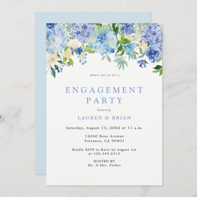 Blue Watercolor Engagement Party Invitation (Front/Back)